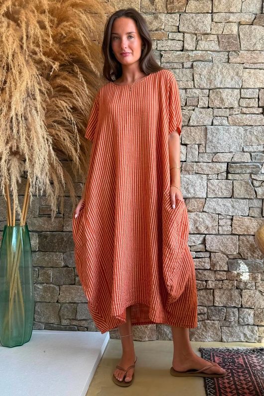 Salcombe Chalk Stripe Cotton Cocoon Dress Rust